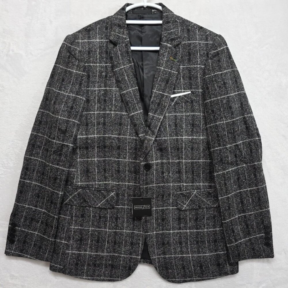 Proper Pair Men's Blazer Sport Coat Charcoal Window Pane Plaid Size XL NWT